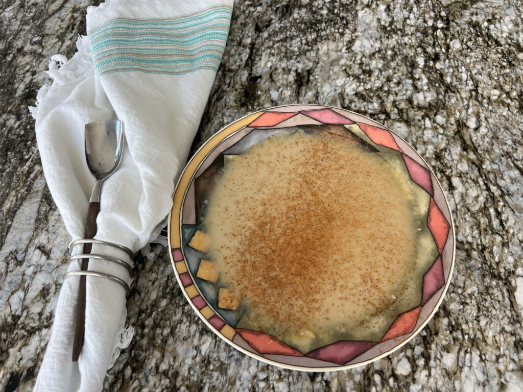 “Creamy chestnut and squash soup served with olive oil drizzle – example of how to cook with chestnuts from United Chestnuts Test Kitchen.”