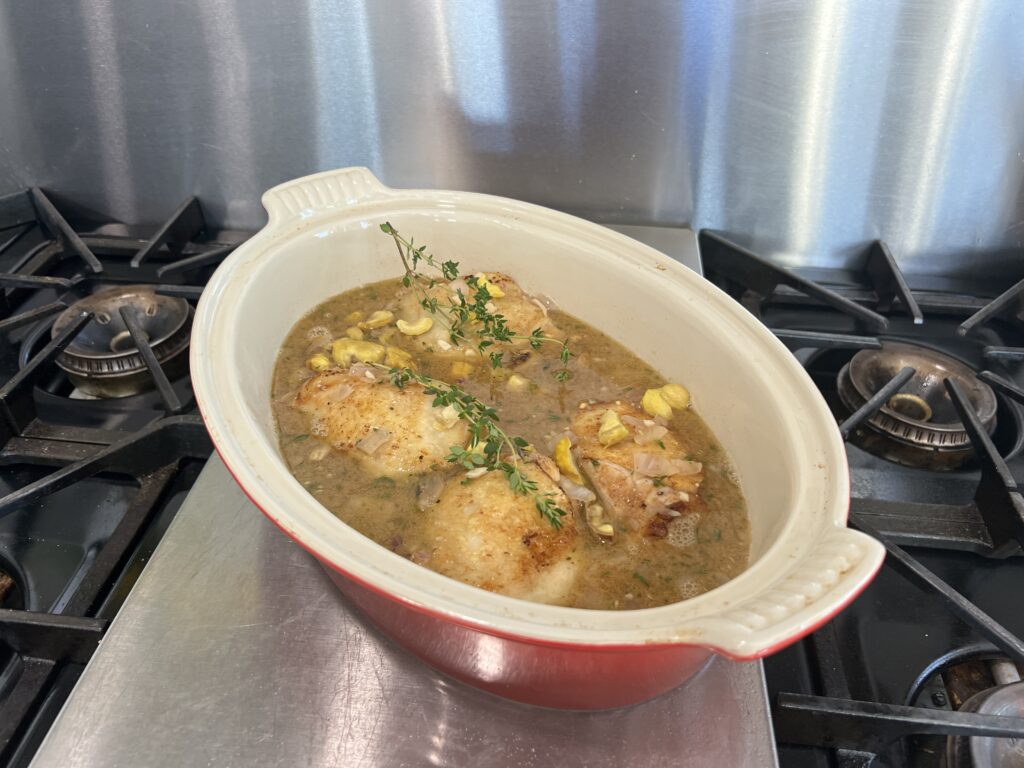 Chicken with fresh chestnuts in braising liquid