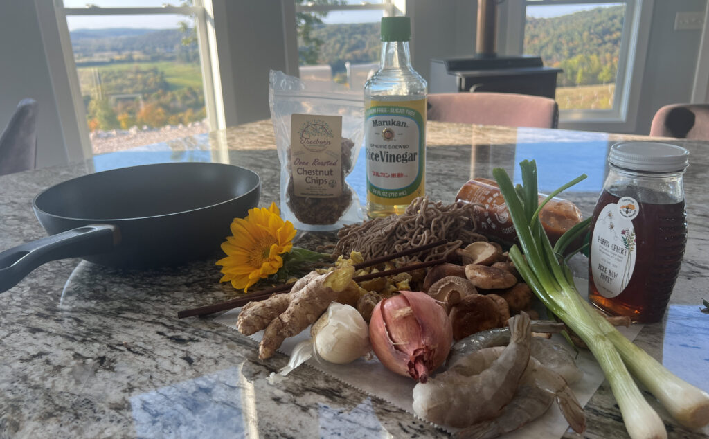 Chestnuts and shrimp prep for stir fry