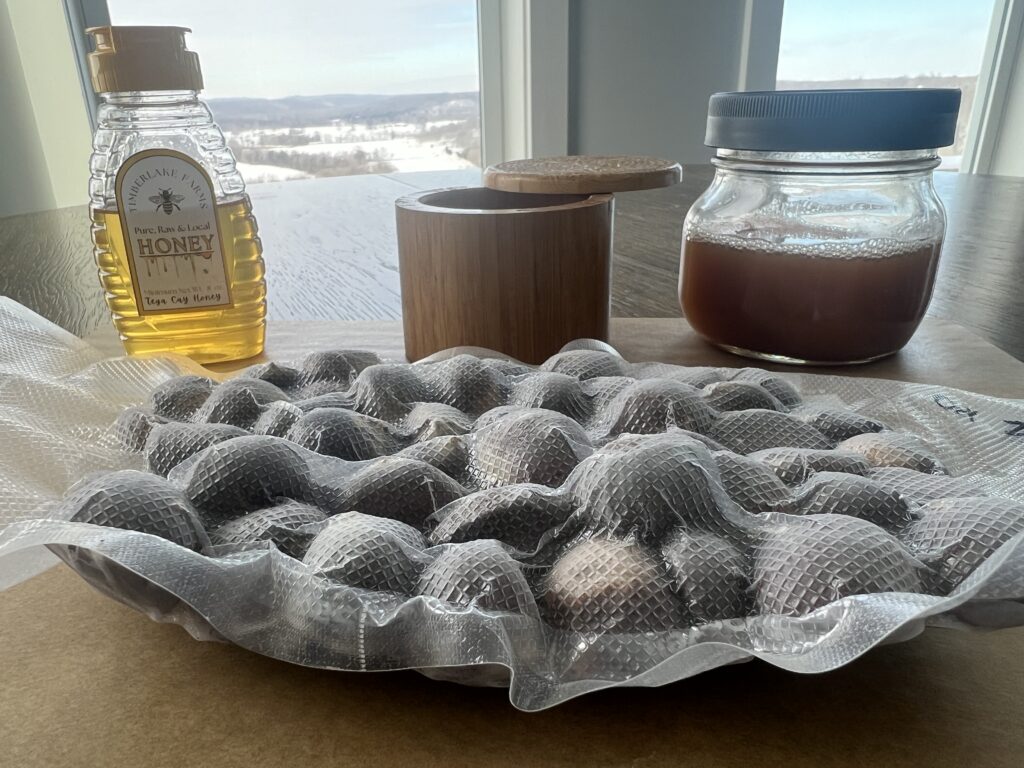 Frozen scored chestnuts from EBB Farms with local honey used for chestnut honey glaze