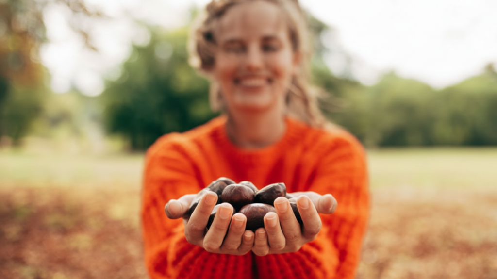 A grower holding a handful of fresh chestnuts, representing the initial step toward maximizing chestnut farm income and unlocking revenue opportunities in growing perennials.