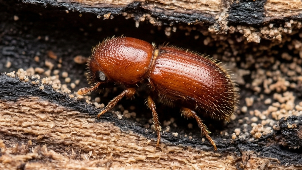 Female granulate ambrosia beetle on damaged tree bark showing characteristic reddish-brown coloring and granulate texture