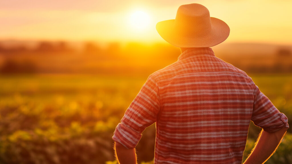 A farmer wearing a straw hat and plaid shirt stands in a chestnut orchard, looking toward a bright sunset over the horizon.