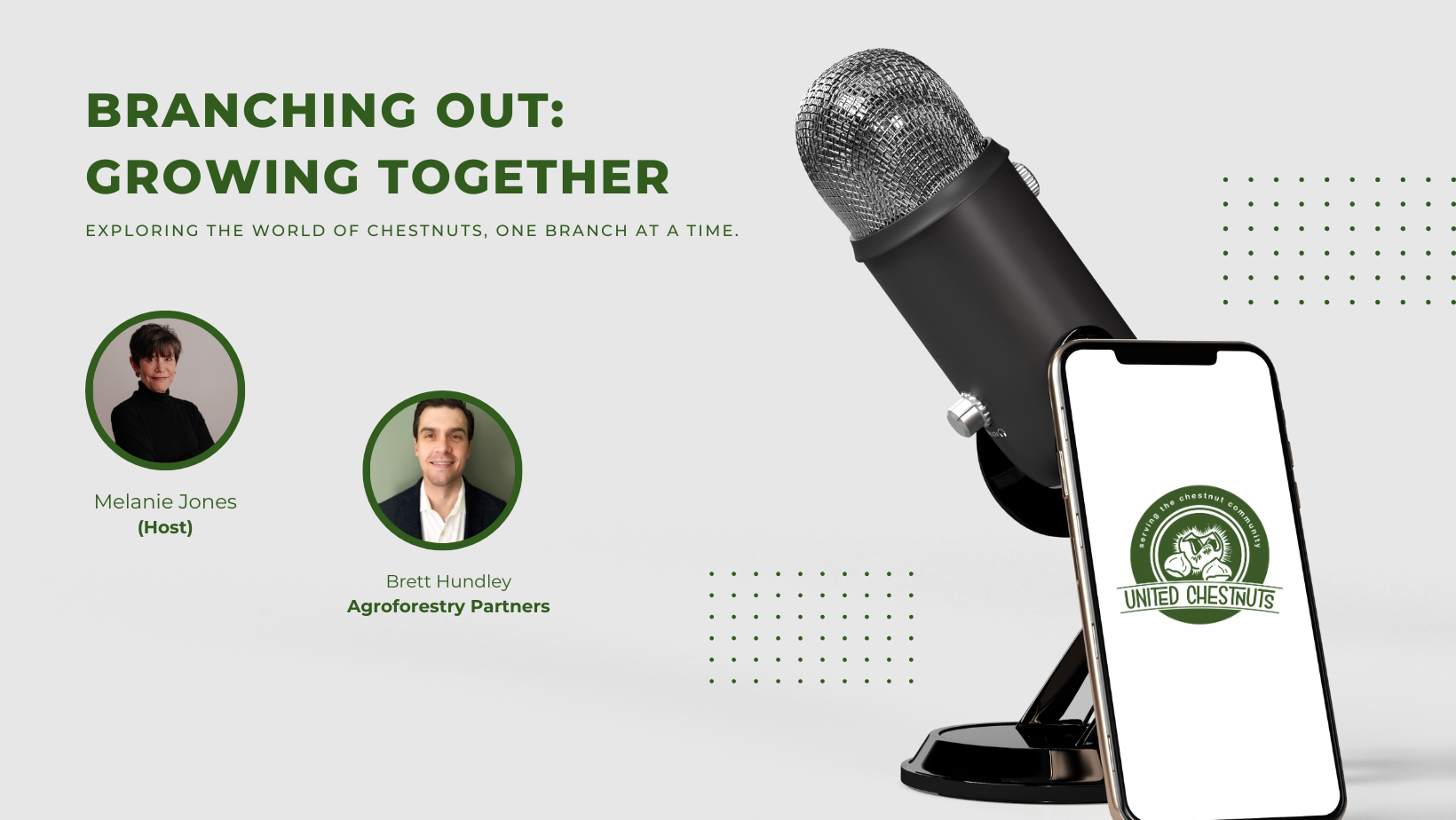 Branching Out: Growing Together podcast episode graphic featuring host Melanie Jones and guest Brett Hundley of Agroforestry Partners — discussing chestnut farming and long-term farm investment