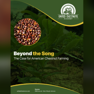 A pile of fresh, whole chestnuts in their shells, in a circular photo over a green chestnut orchard leaf background — the cover of Beyond the Song, a guide to chestnut farming.