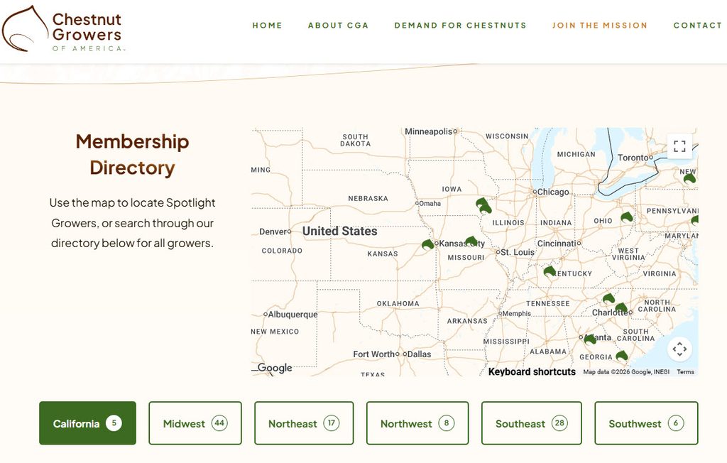 Chestnut Growers of America membership directory map for finding chestnut trees near me