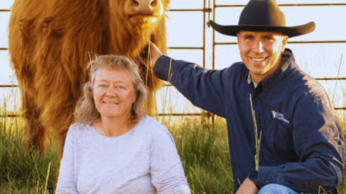 Members of the Stout family with a Highland cow at Fold of Liberty Farms, a Utah agritourism farm that plans to sell chestnuts
