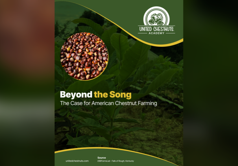 A pile of fresh, whole chestnuts in their shells, in a circular photo over a green chestnut orchard leaf background — the cover of Beyond the Song, a guide to chestnut farming.